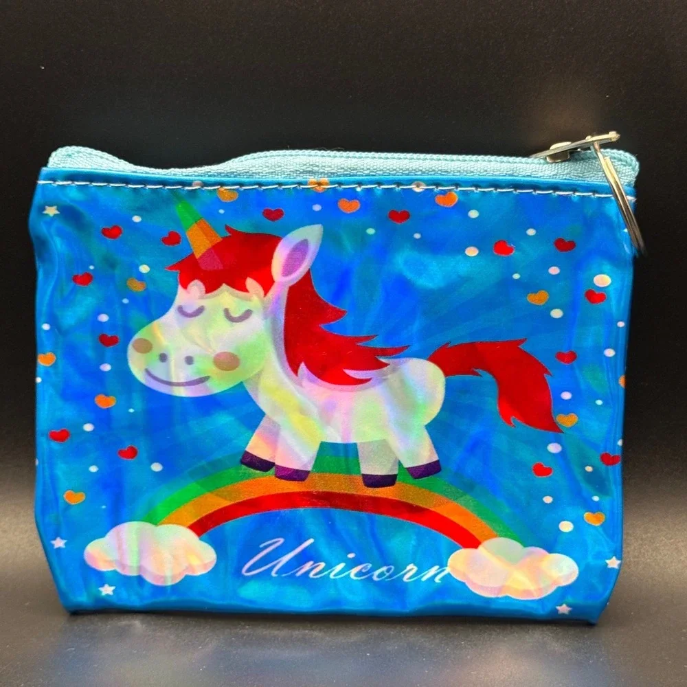Kids‎ Blue Holographic Unicorn Rainbow Zipper Coin Purse Pouch Mini Bag